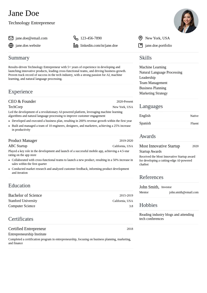 Technology Entrepreneur resume example