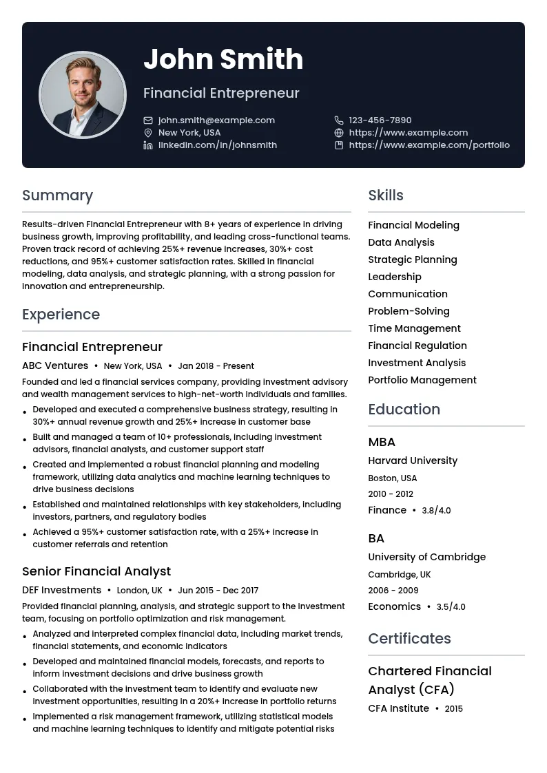 Financial Entrepreneur resume example