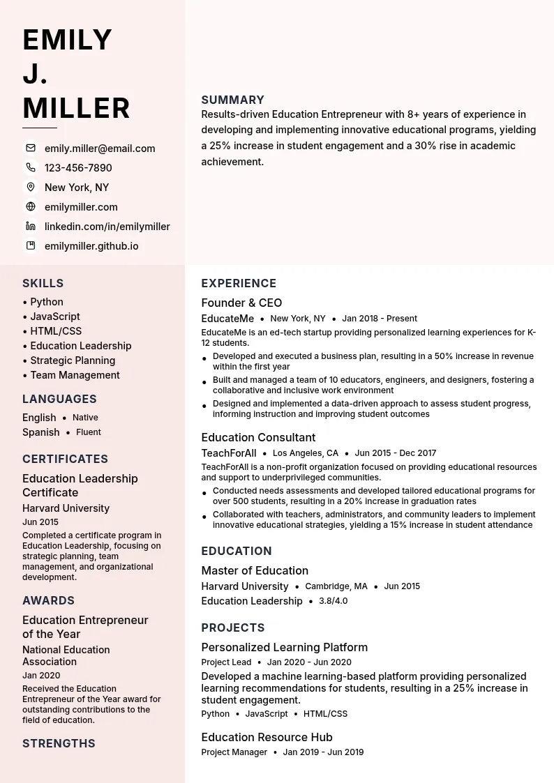 Education Entrepreneur resume example
