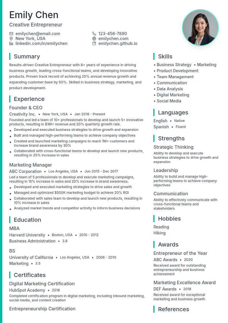 Creative Entrepreneur resume example