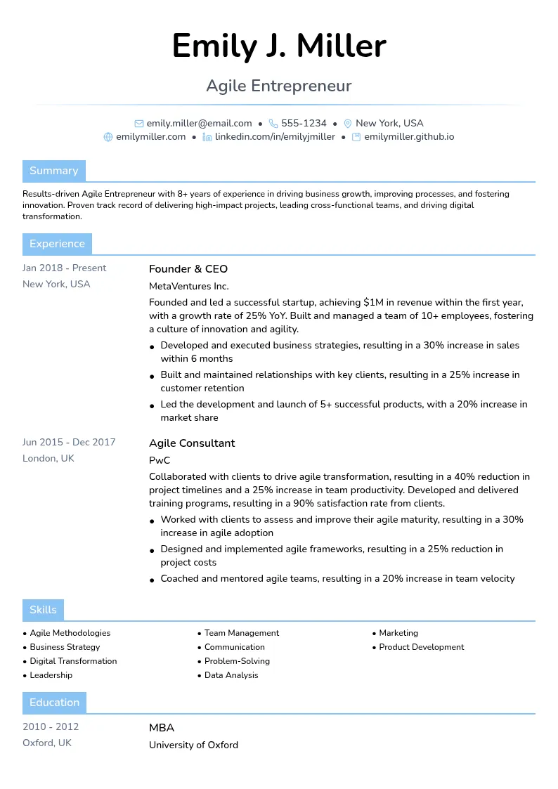 Agile Entrepreneur resume example