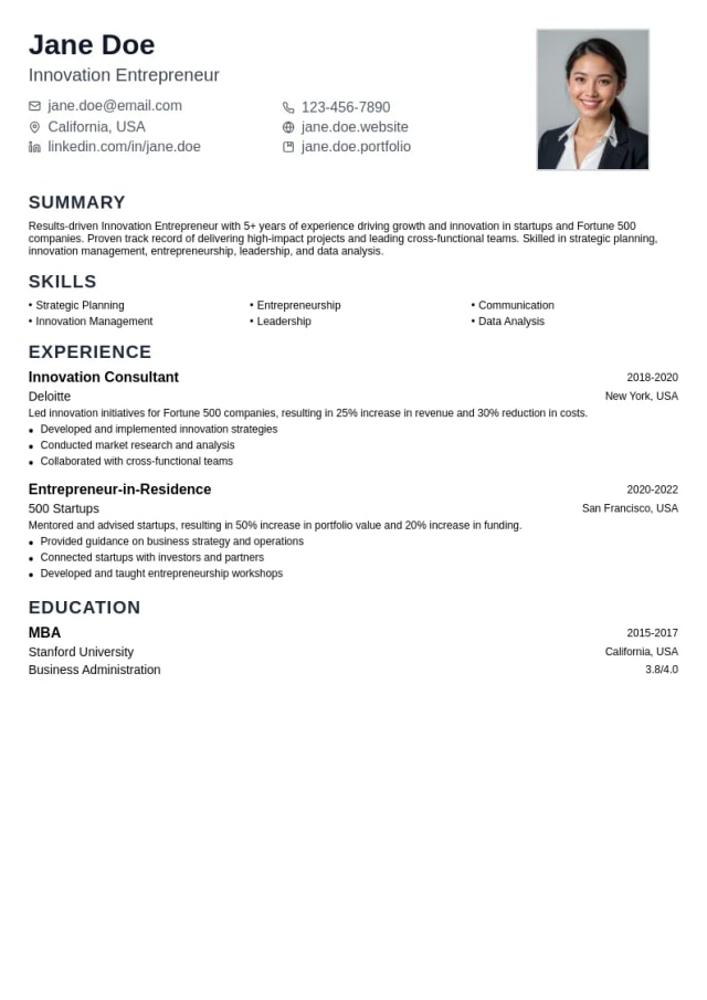 Innovation Entrepreneur resume example