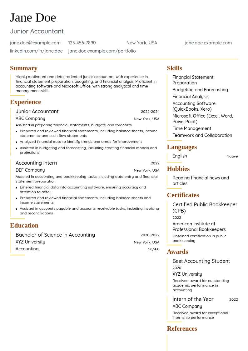 Junior Accountant resume example