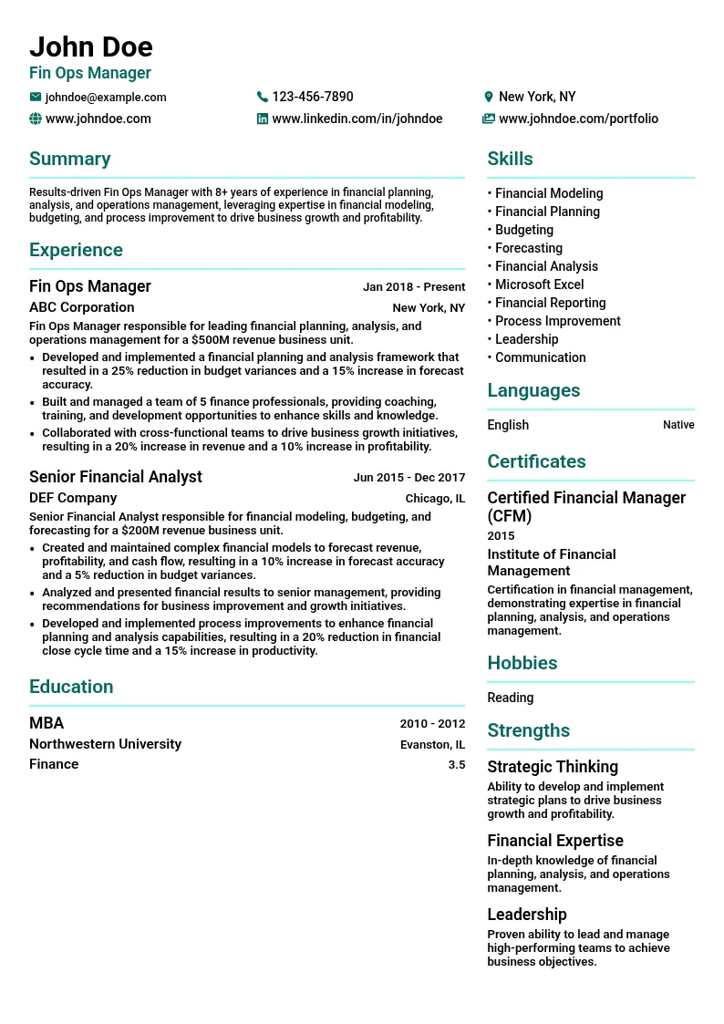 Fin ops manager resume example