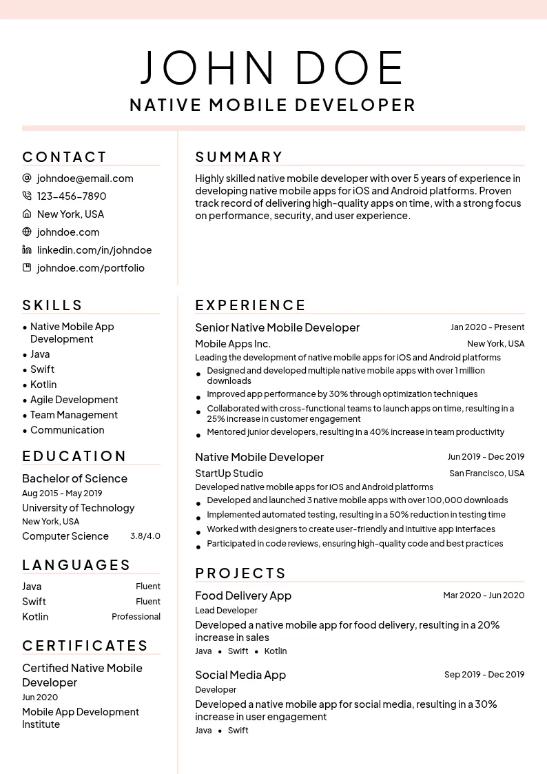Native Mobile Developer resume example