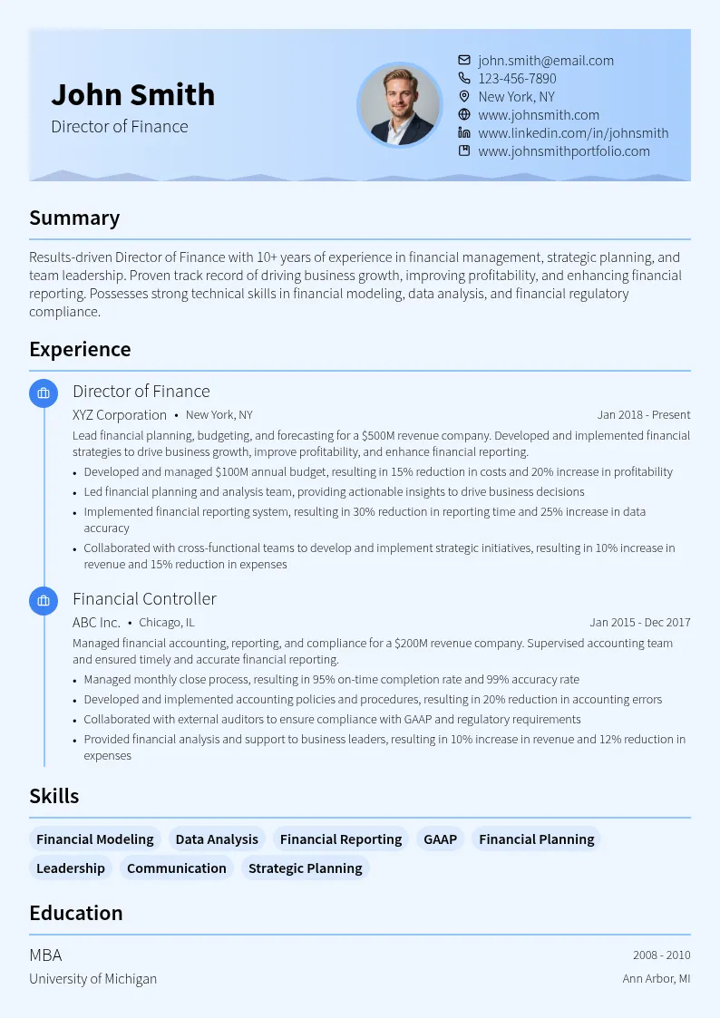 Director of Finance resume example