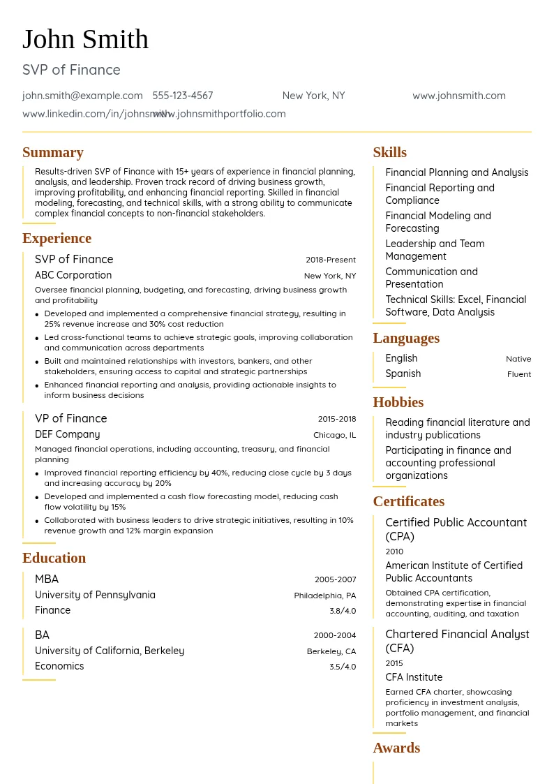 SVP of Finance resume example