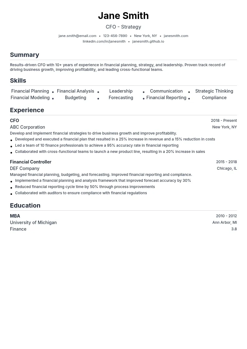 CFO - Strategy resume example