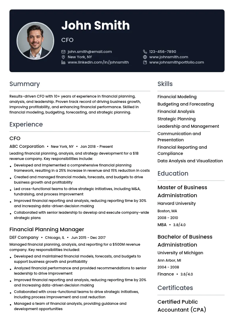 CFO - Financial Planning resume example