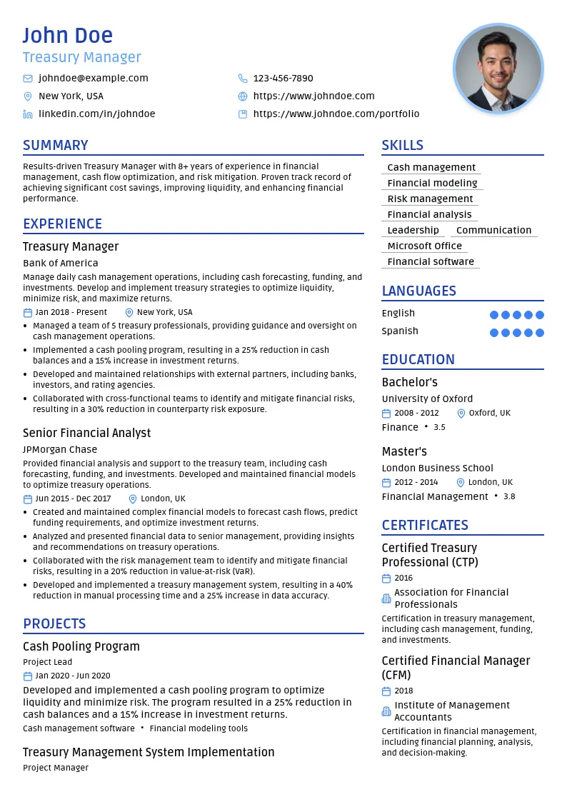 Treasury Manager resume example