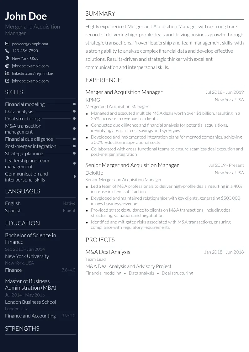 Merger and Acquisition Manager resume example