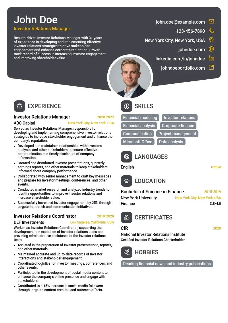 Investor Relations Manager resume example