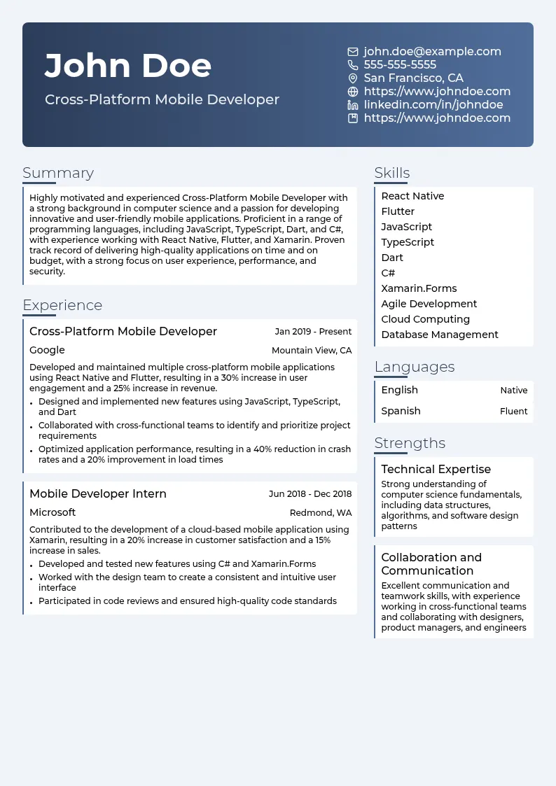 Cross-Platform Mobile Developer resume example