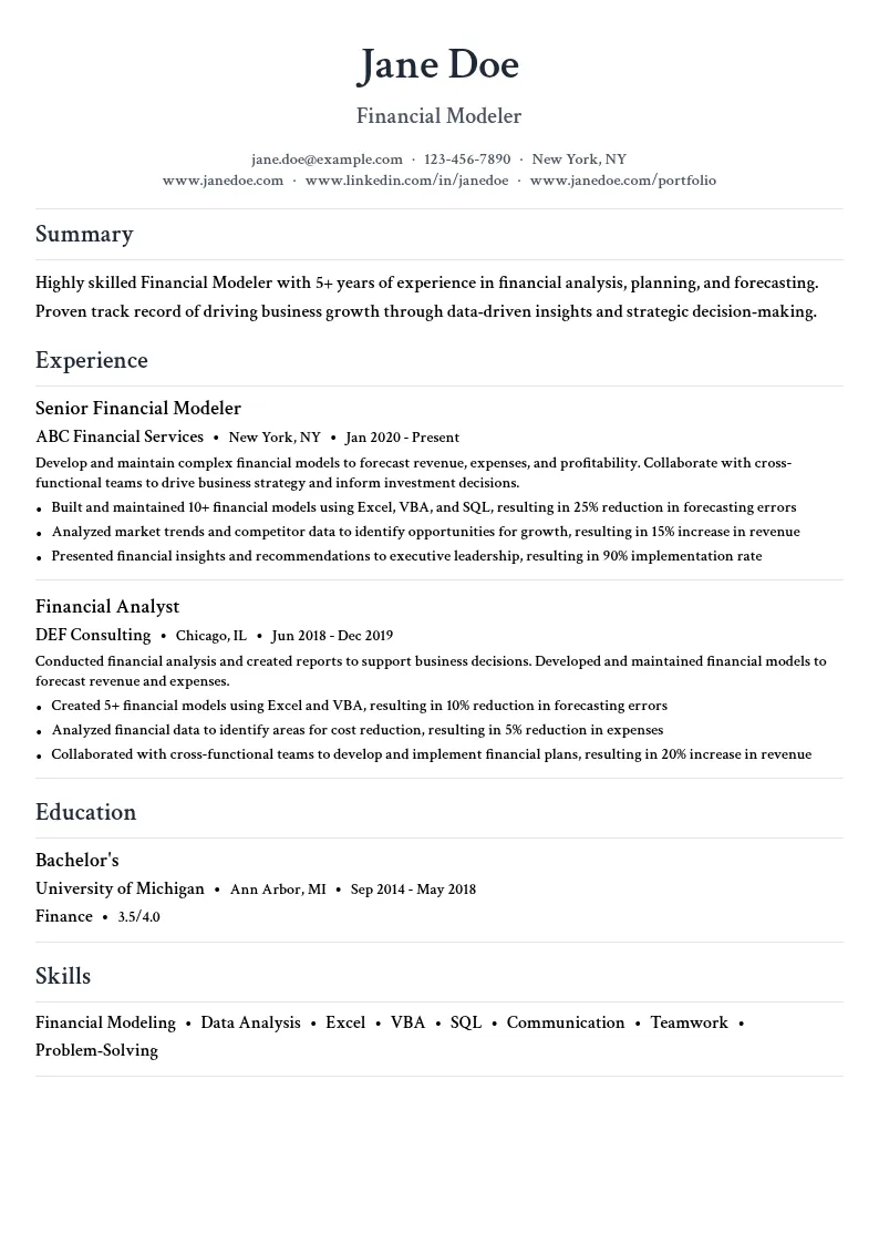 Financial Modeler resume example