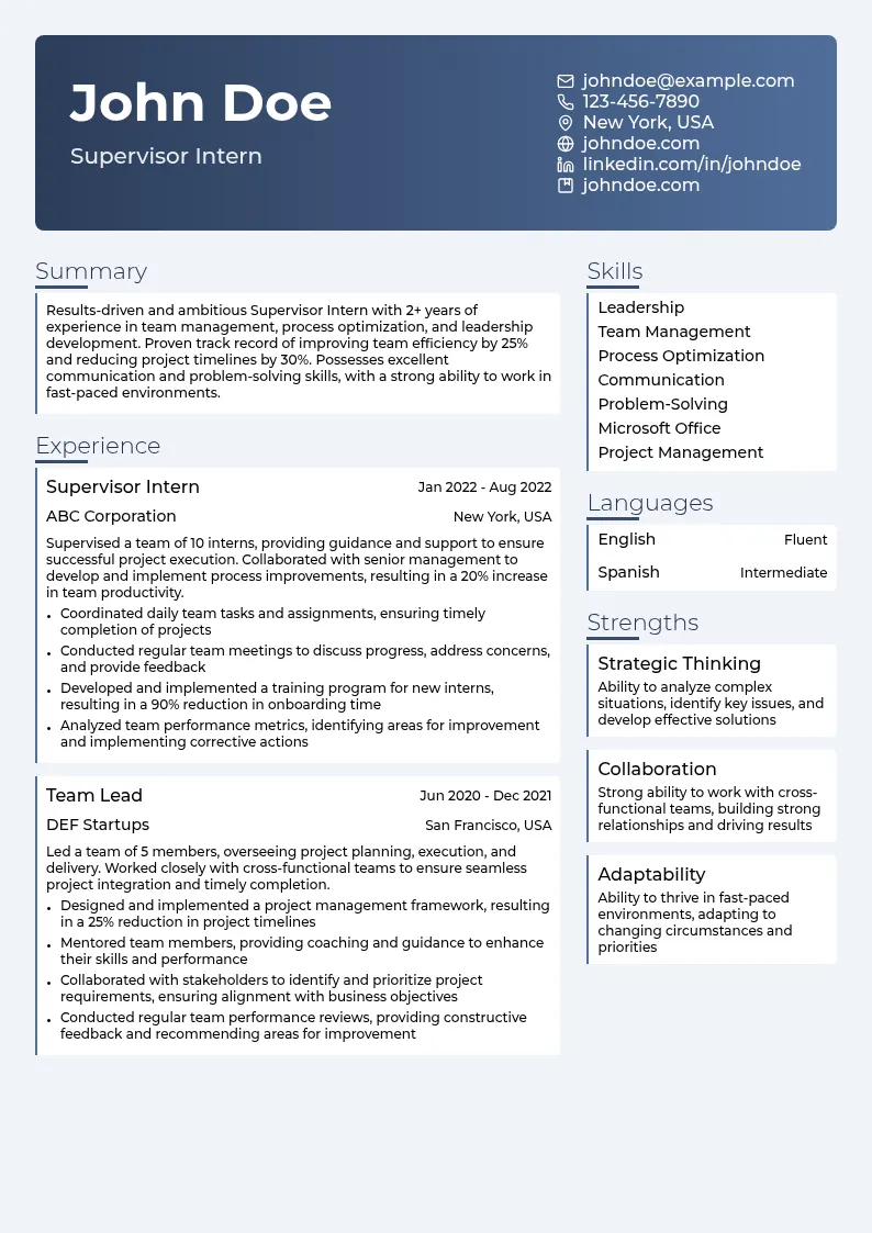 Supervisor Intern resume example