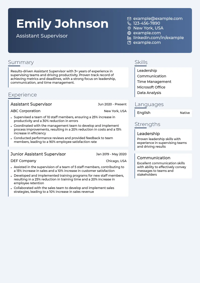 Assistant Supervisor resume example