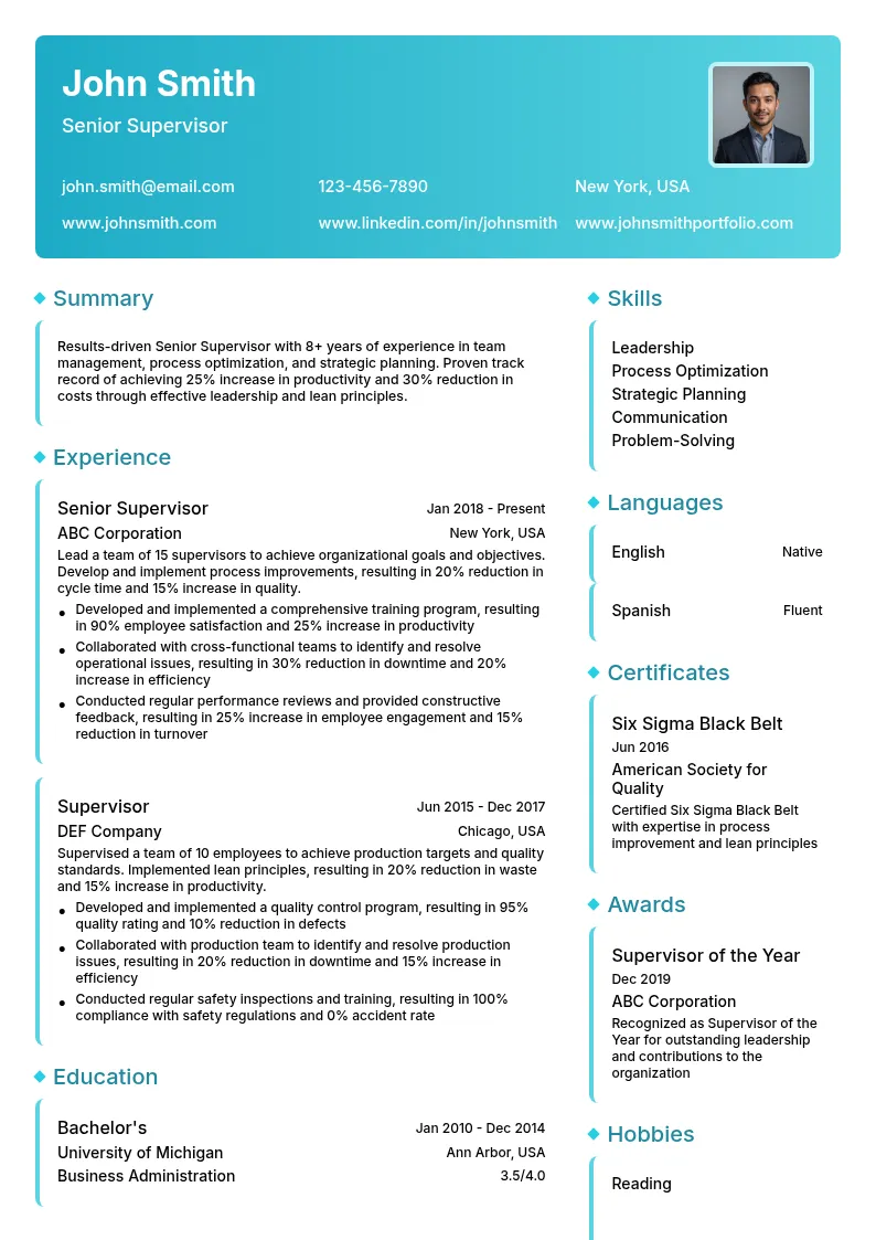 Senior Supervisor resume example