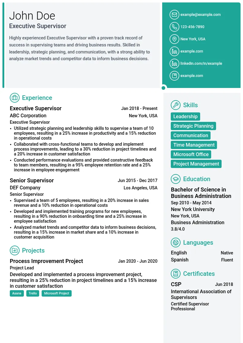 Executive Supervisor resume example