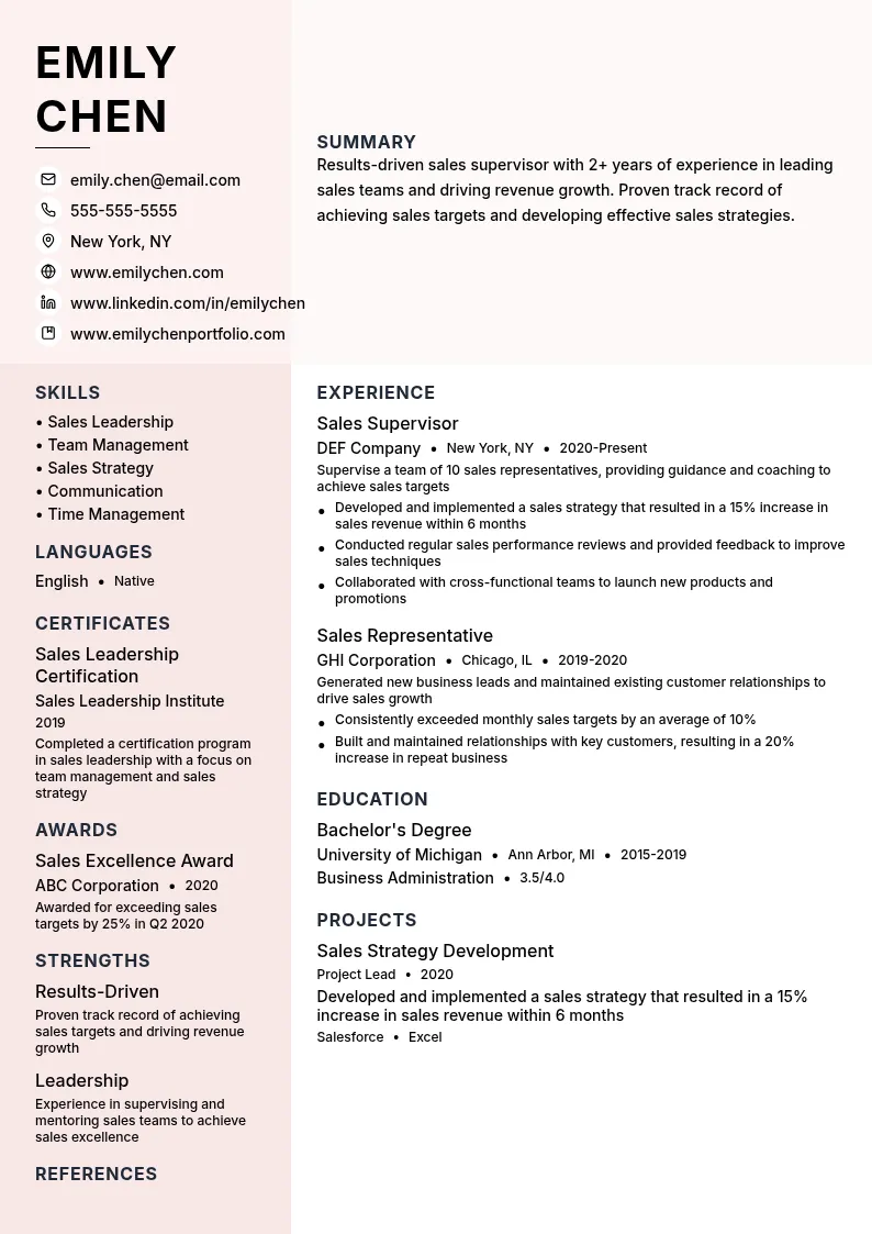 Supervisor - Sales resume example