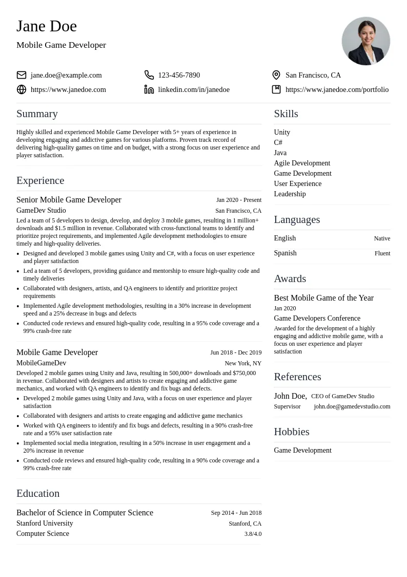 Mobile Game Developer resume example