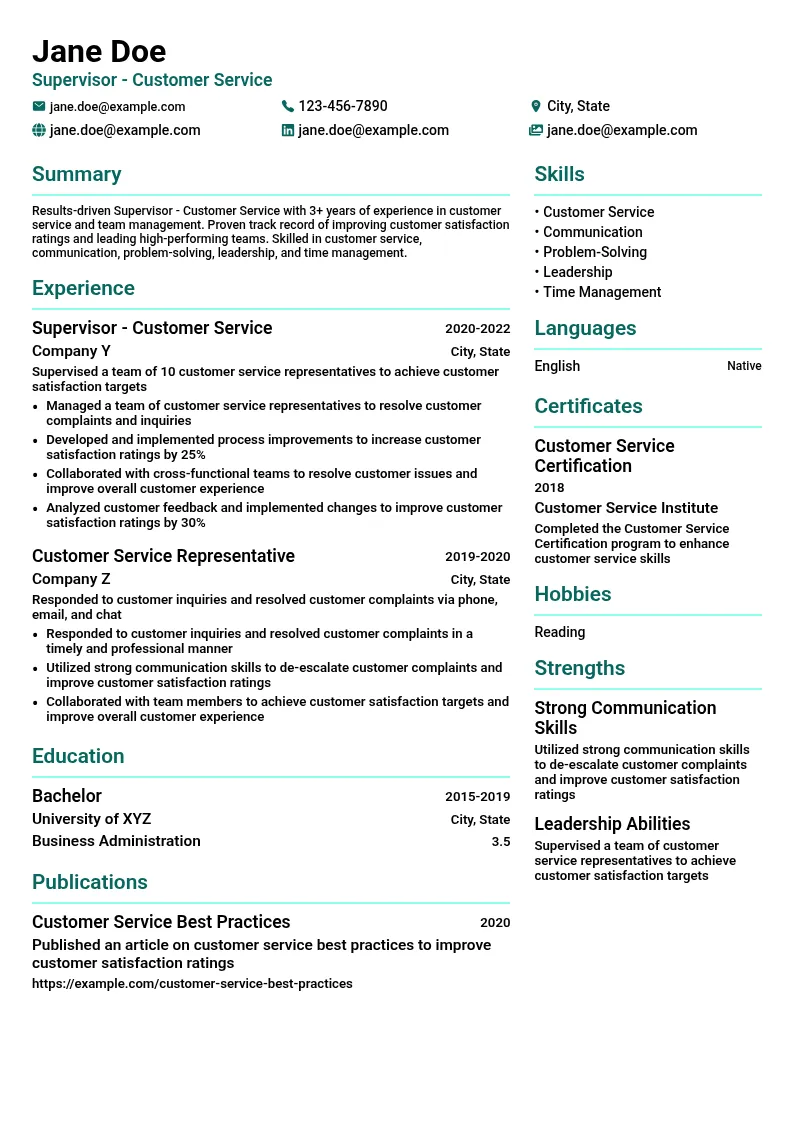 Supervisor - Customer Service resume example