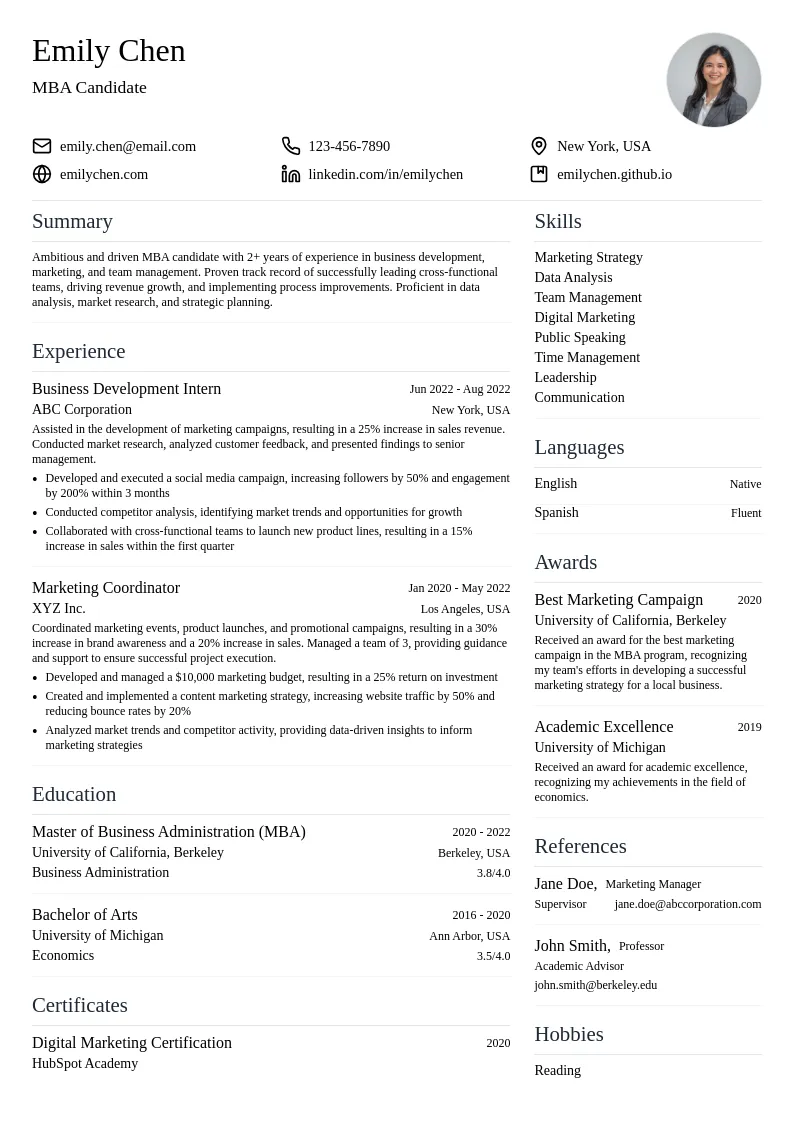 MBA Intern resume example