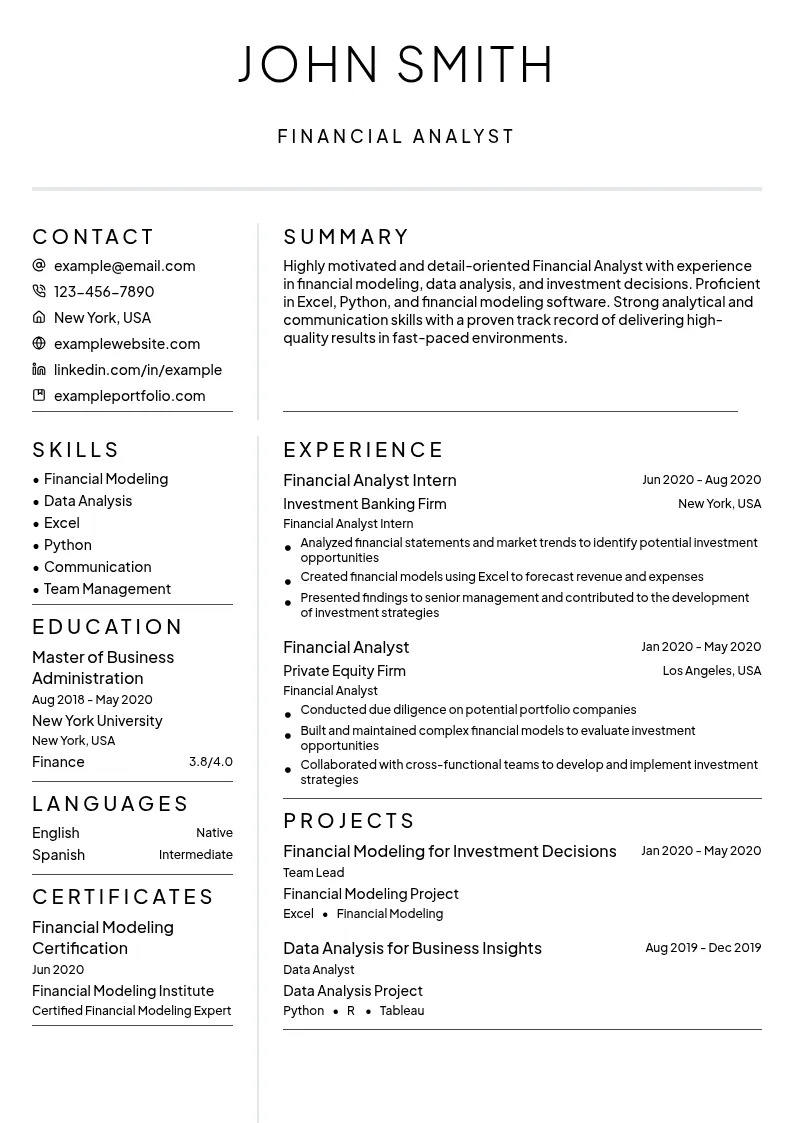 Financial Analyst - Entry Level resume example