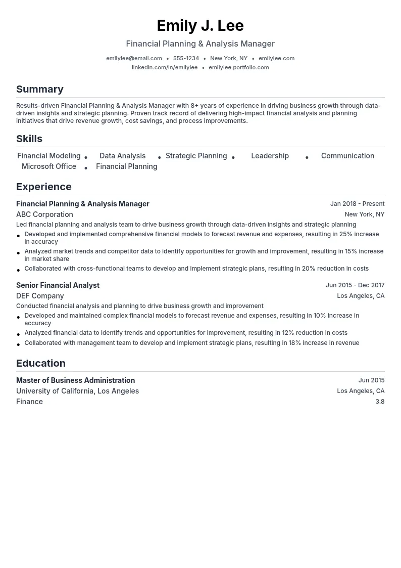 Financial Planning & Analysis Manager resume example