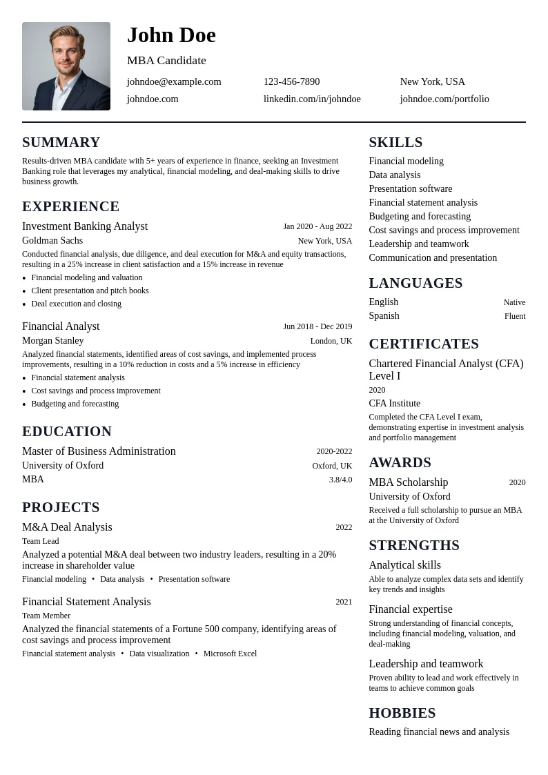 Investment Banking MBA resume example