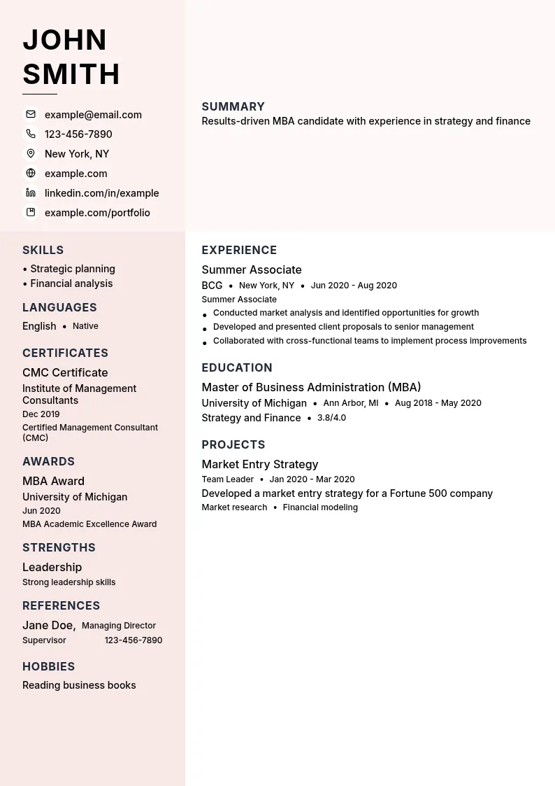 Consulting MBA resume example