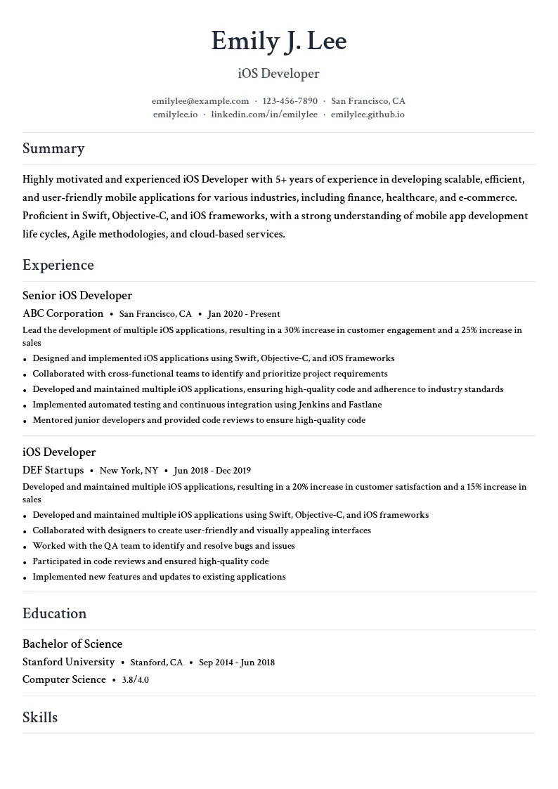 Ios Developer resume example