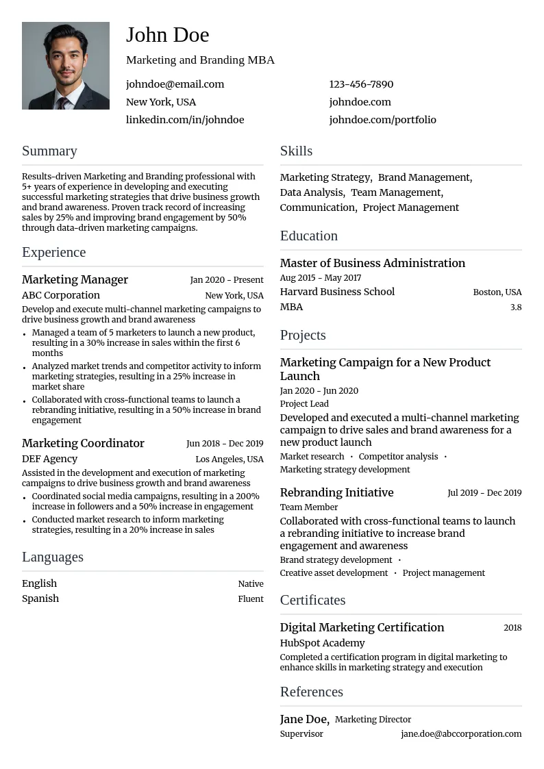 Marketing and Branding MBA resume example