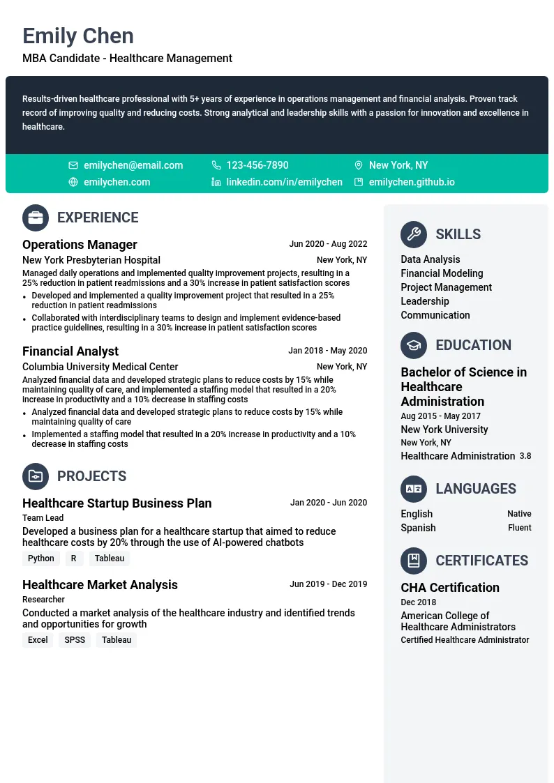 Healthcare Management MBA resume example