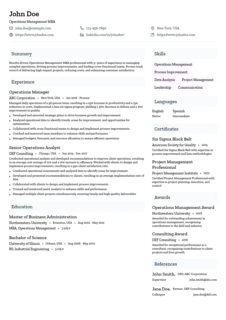 Operations Management MBA resume example