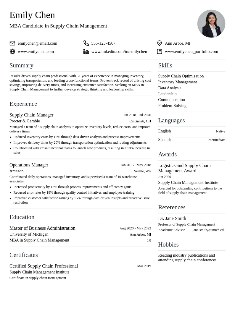 Supply Chain Management MBA resume example