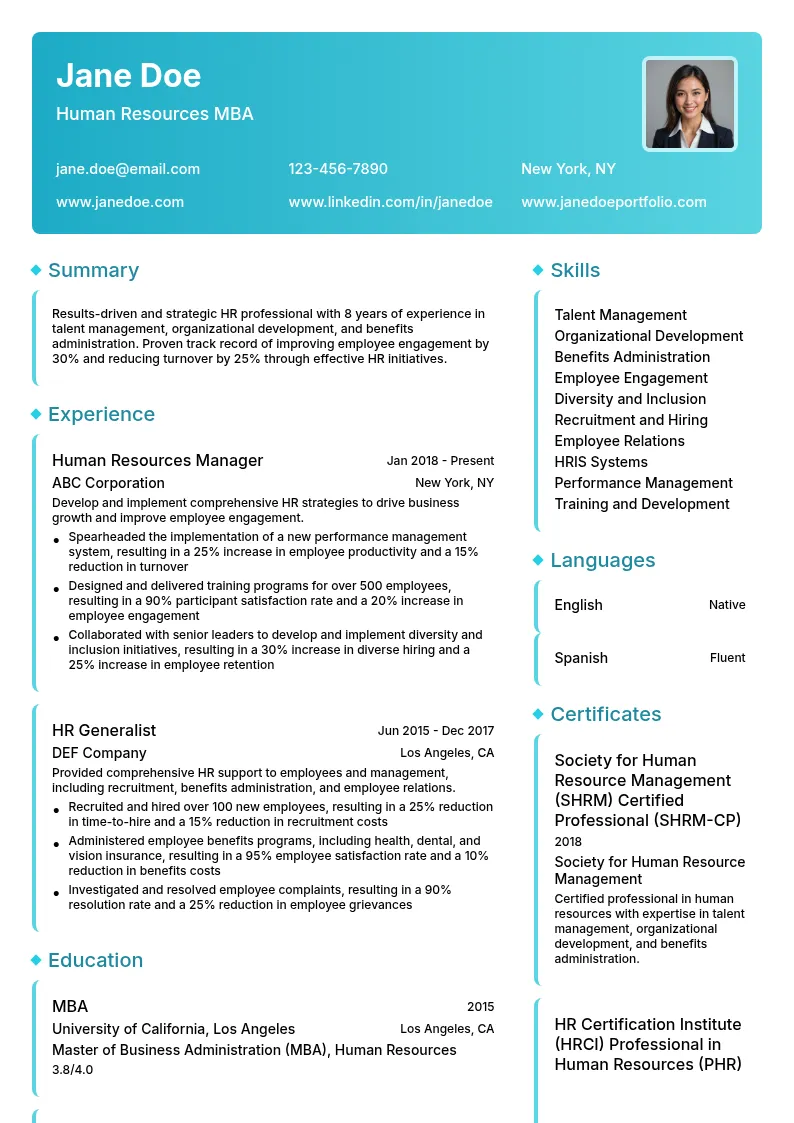 Human Resources MBA resume example