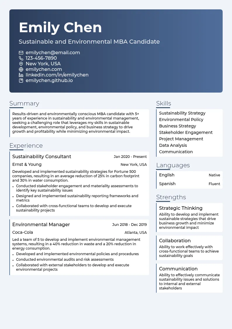 Sustainable and Environmental MBA resume example