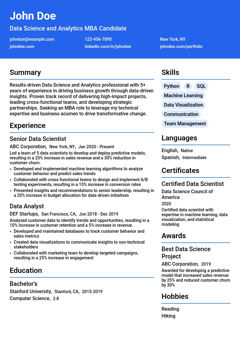 Data Science and Analytics MBA resume example