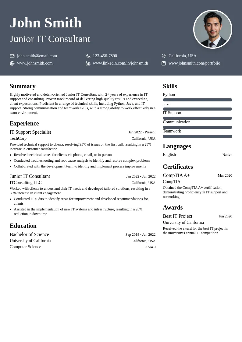 Junior IT Consultant resume example