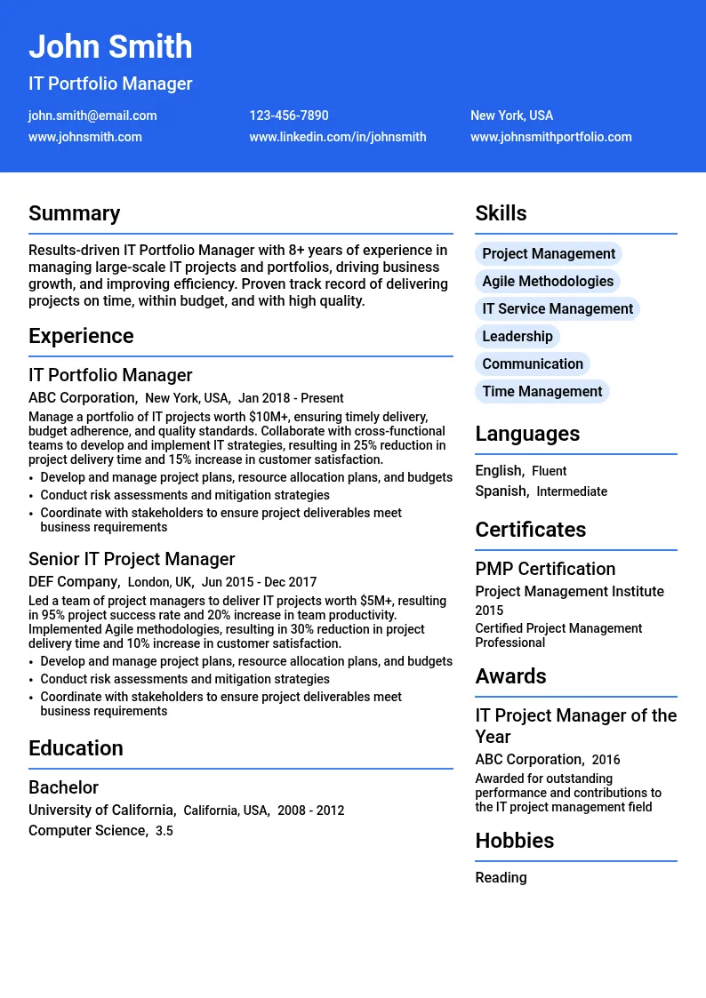 IT Portfolio Manager resume example