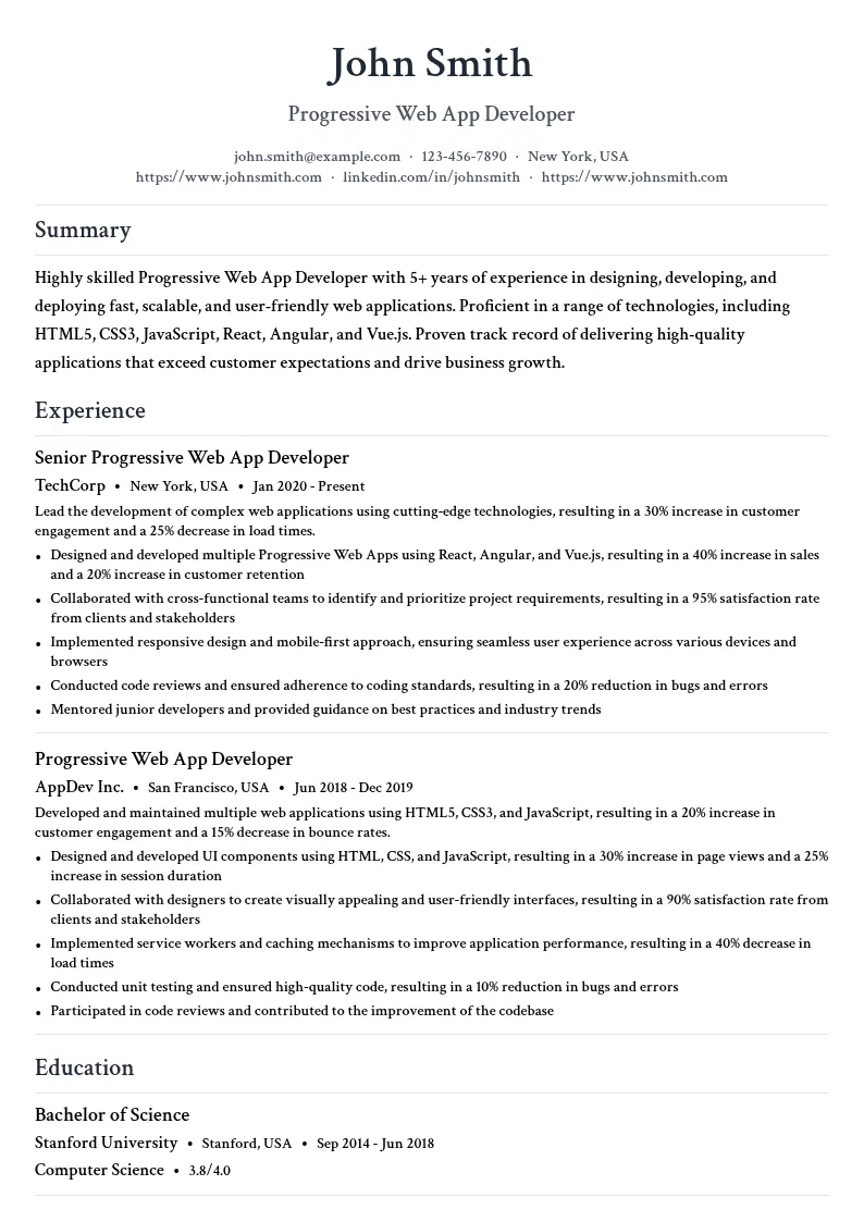 Progressive Web App Developer resume example