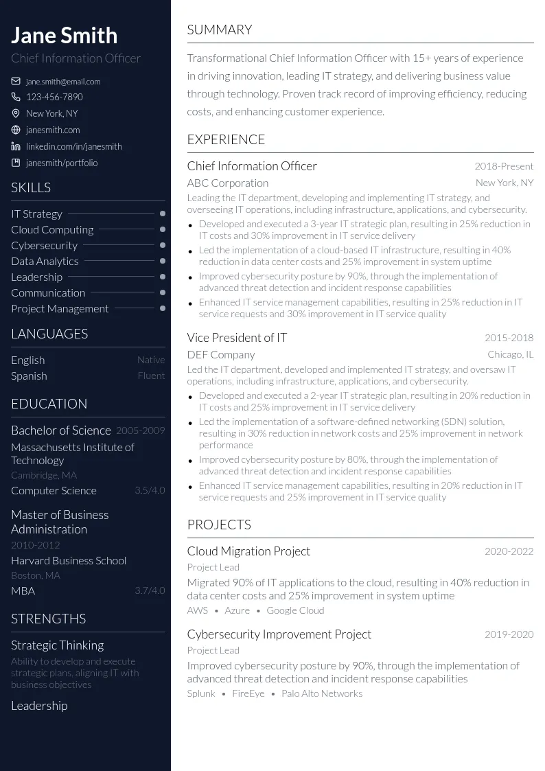 Chief Information Officer resume example