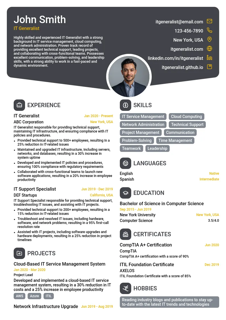 IT Generalist resume example