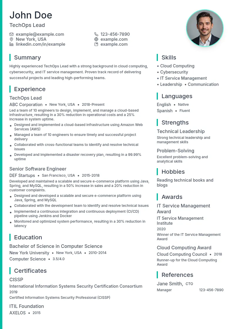 TechOps Lead resume example