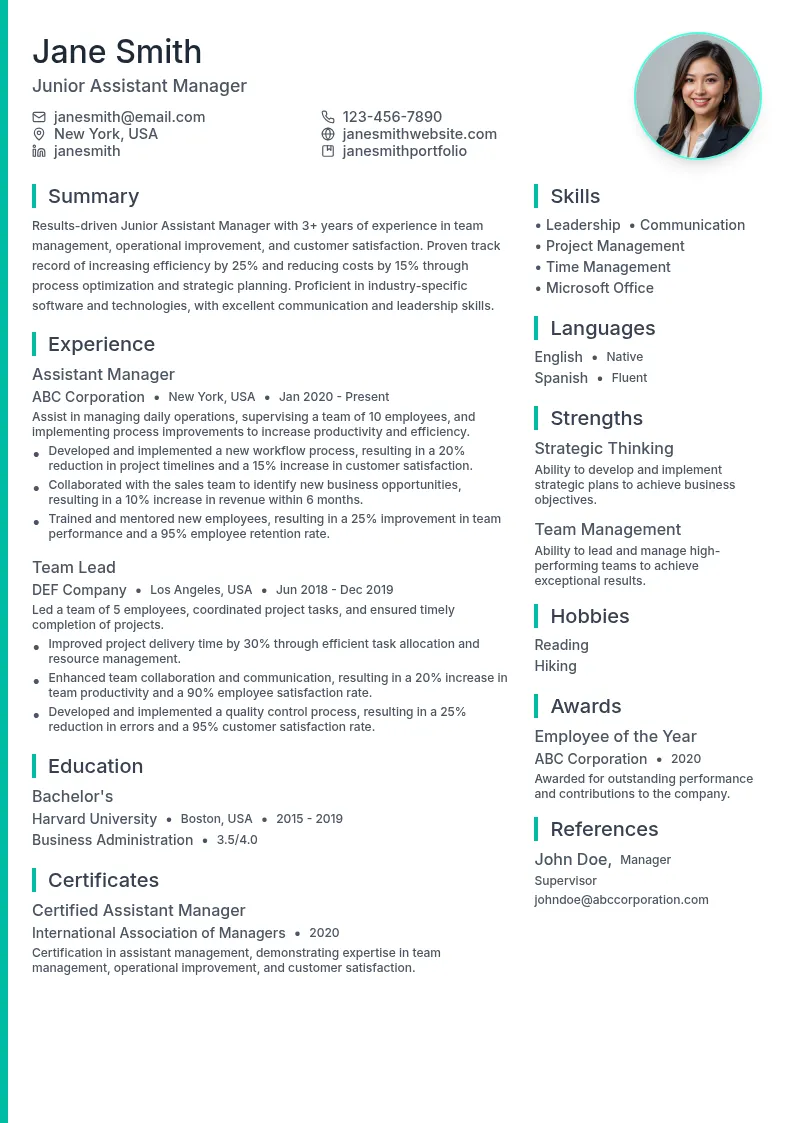Junior Assistant Manager resume example