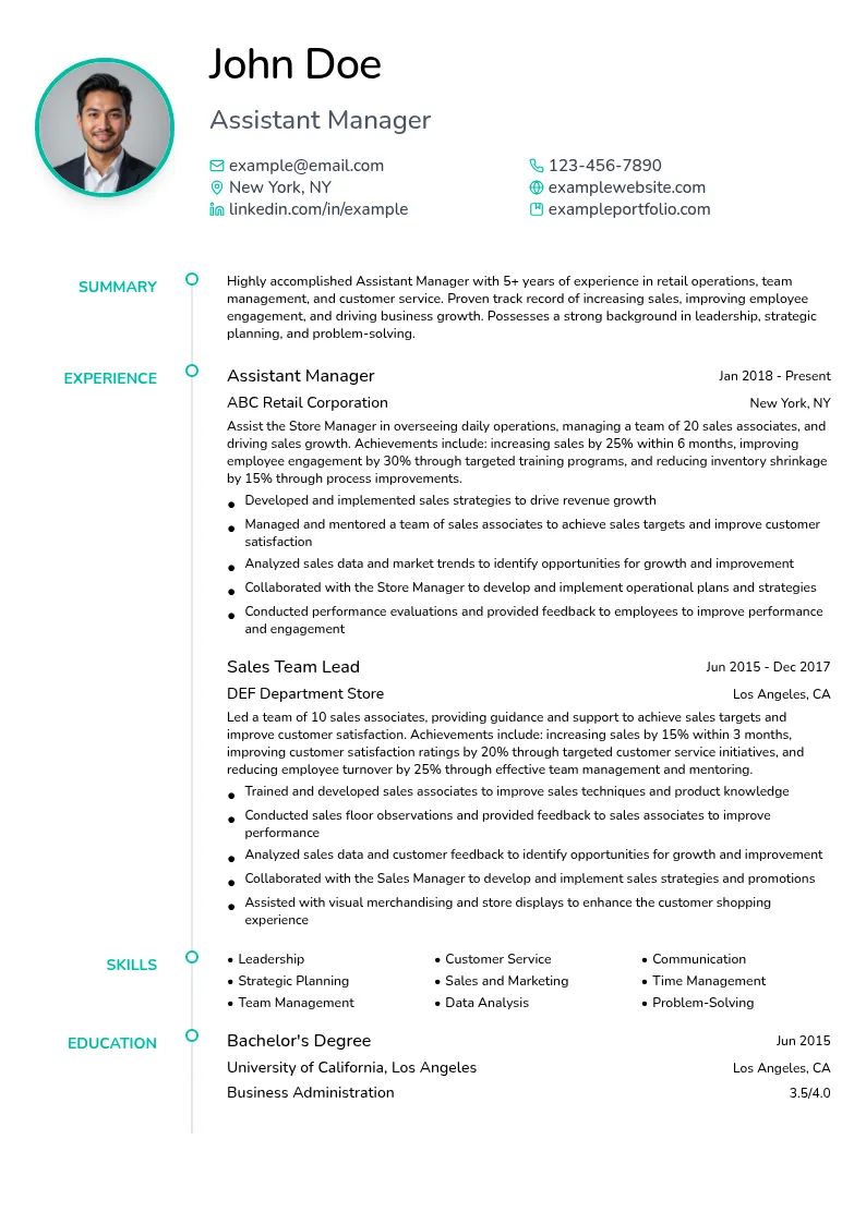 Assistant Manager resume example