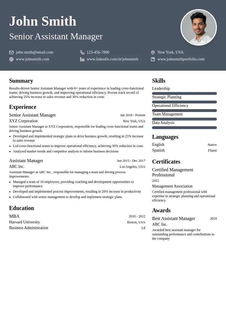 Senior Assistant Manager resume example