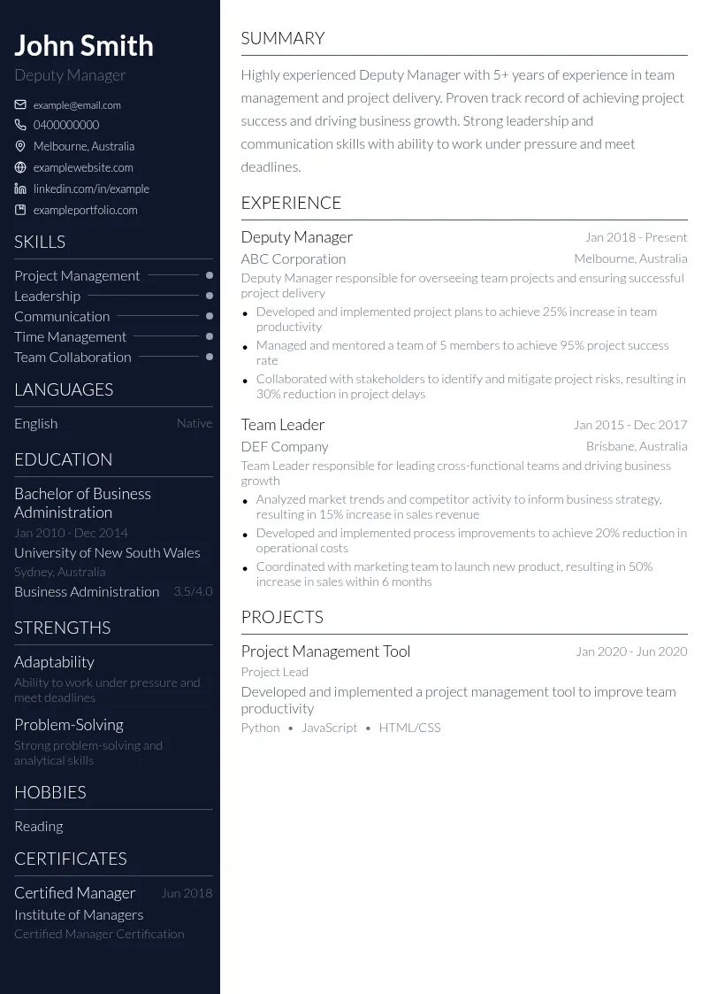 Deputy Manager resume example