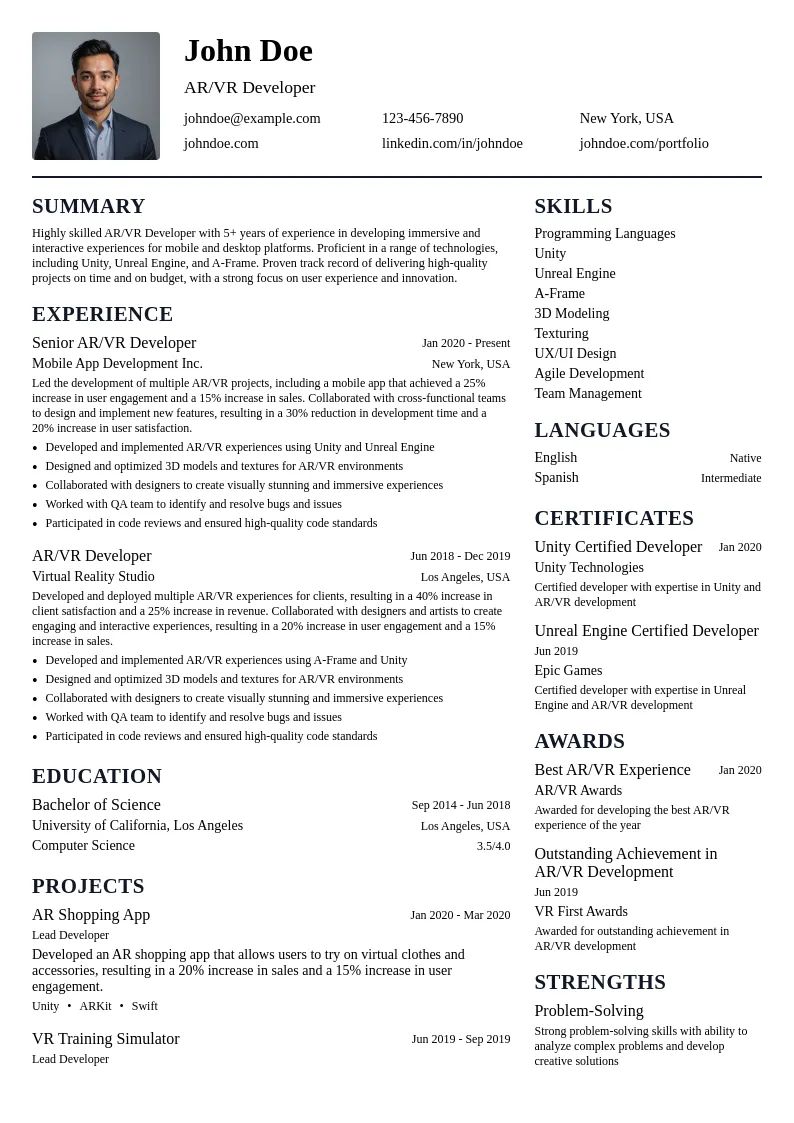 AR/VR Developer resume example