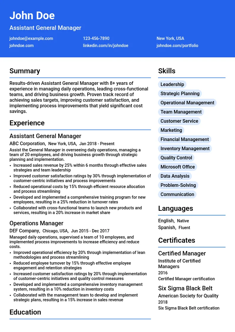 Assistant General Manager resume example